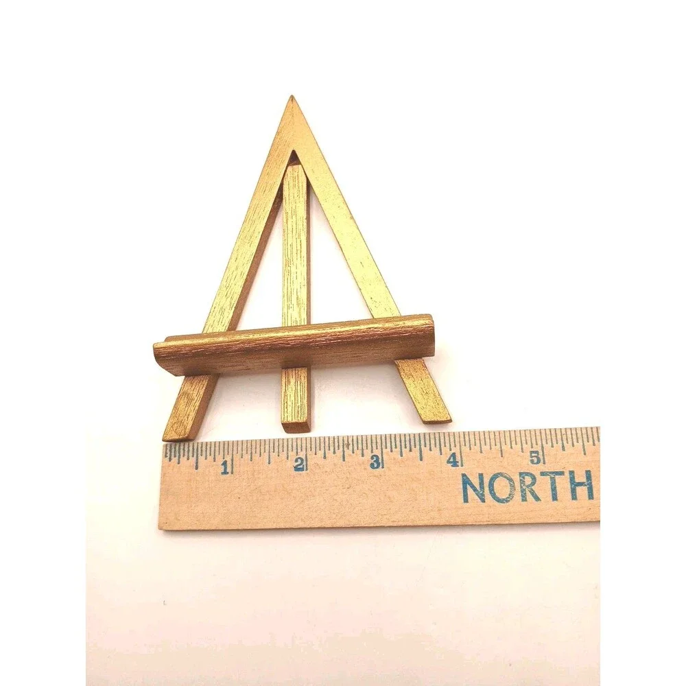 Vtg Wood Small Gold Painted Easel Display Stand Photo Art Work Holder 5.25 in